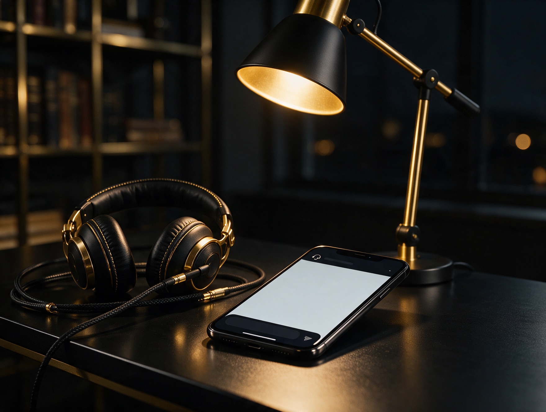 Escritorio negro con audífonos, celular y lámpara dorada
