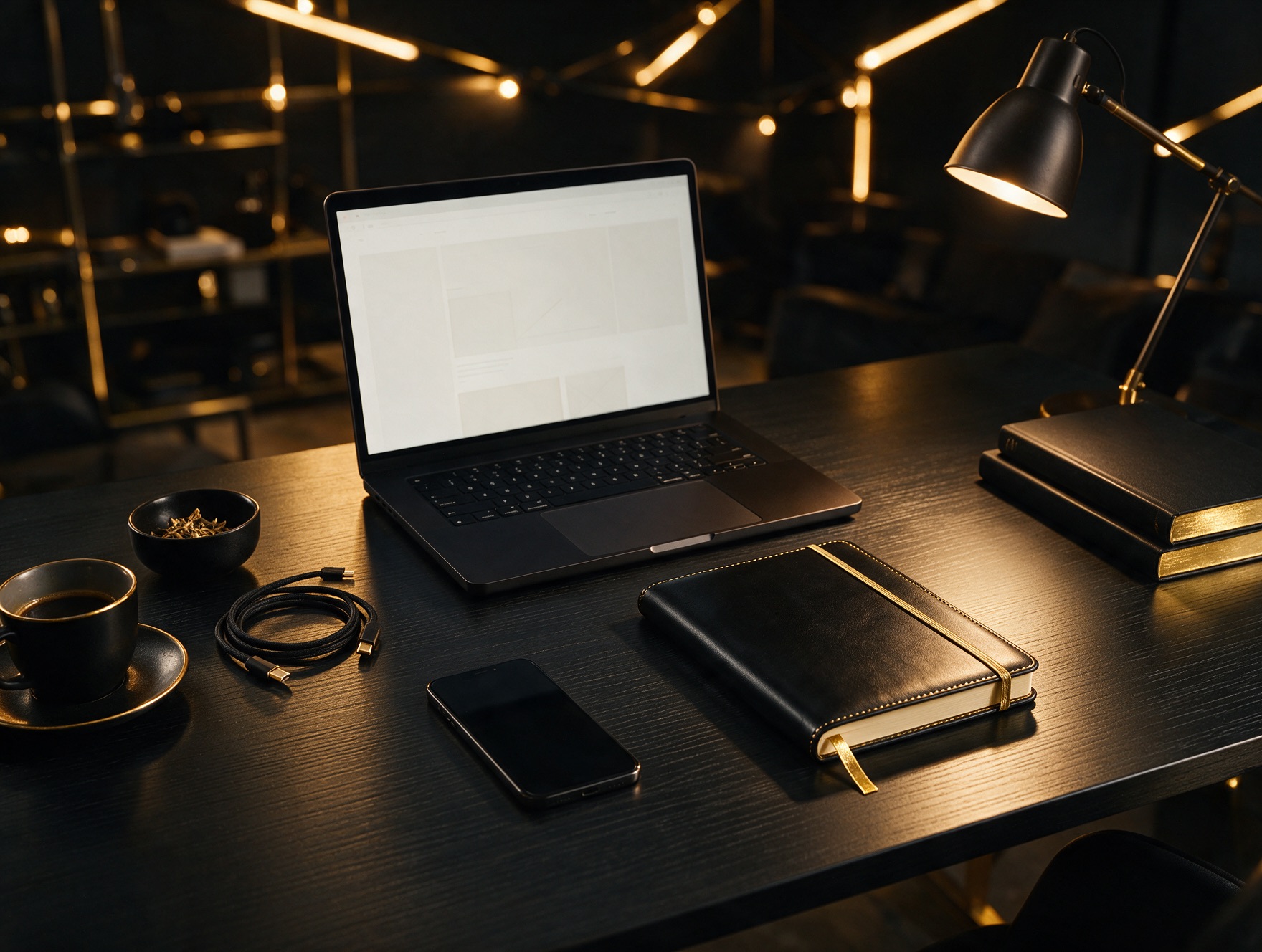 Escritorio negro con laptop, celular y libreta bajo luz dorada